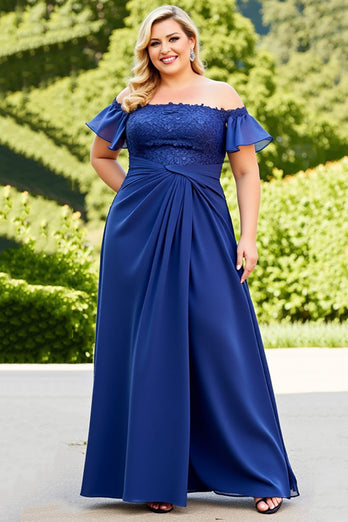 Navy Plus Size Ruched Off the Shoulder Mother of the Bride Dress