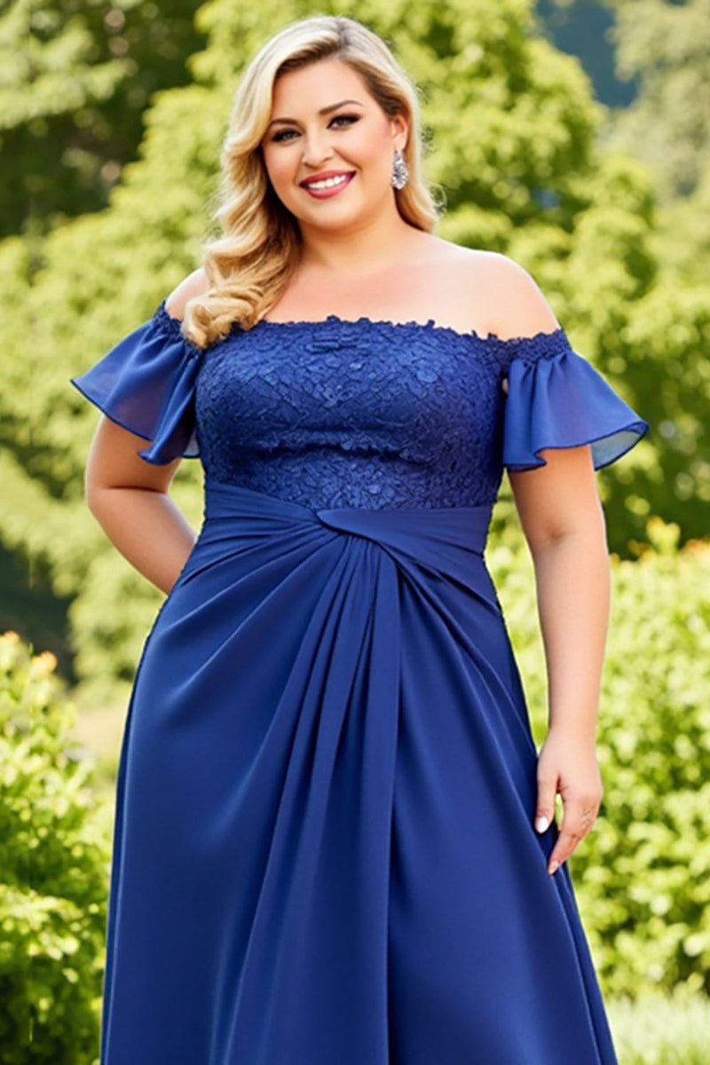 Load image into Gallery viewer, Navy Plus Size Ruched Off the Shoulder Mother of the Bride Dress