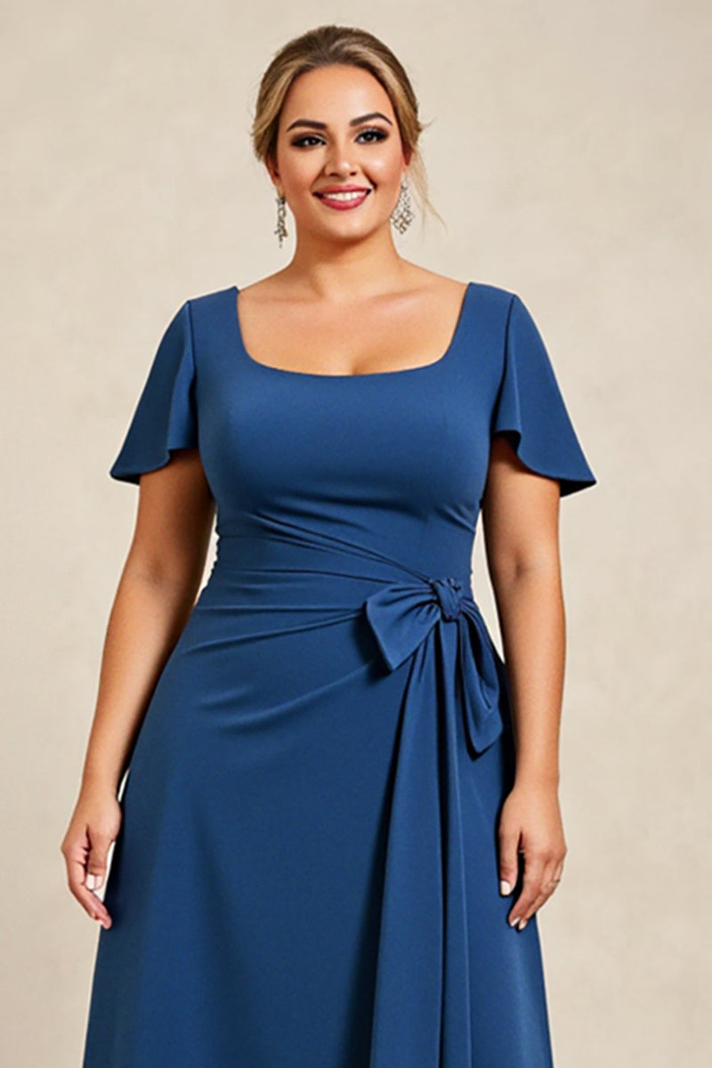 Load image into Gallery viewer, Ink Blue A Line Satin Plus Size Mother of the Bride Dress with Short Sleeves