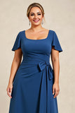Ink Blue A Line Satin Plus Size Mother of the Bride Dress with Short Sleeves