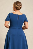 Ink Blue A Line Satin Plus Size Mother of the Bride Dress with Short Sleeves