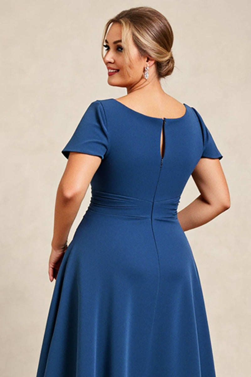 Load image into Gallery viewer, Ink Blue A Line Satin Plus Size Mother of the Bride Dress with Short Sleeves