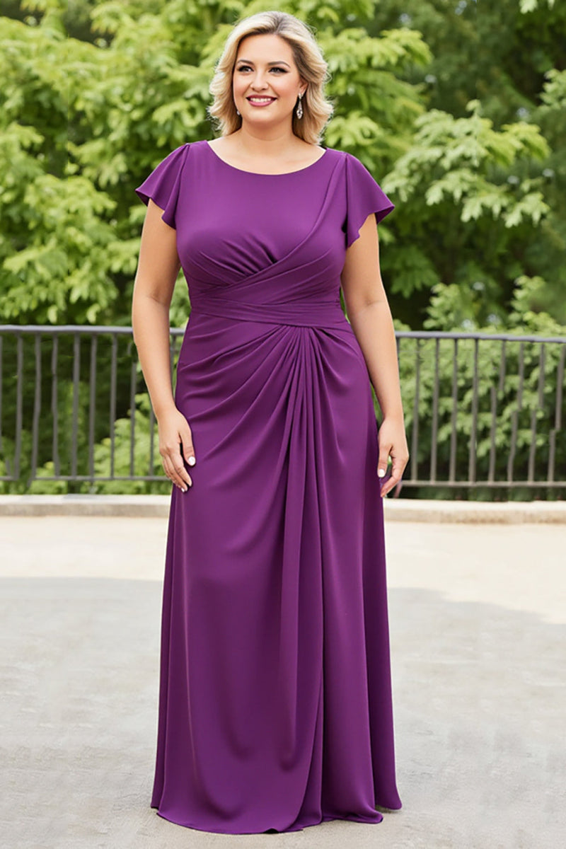Load image into Gallery viewer, Purple Sheath Chiffon Plus Size Mother of the Bride Dress with Short Sleeves
