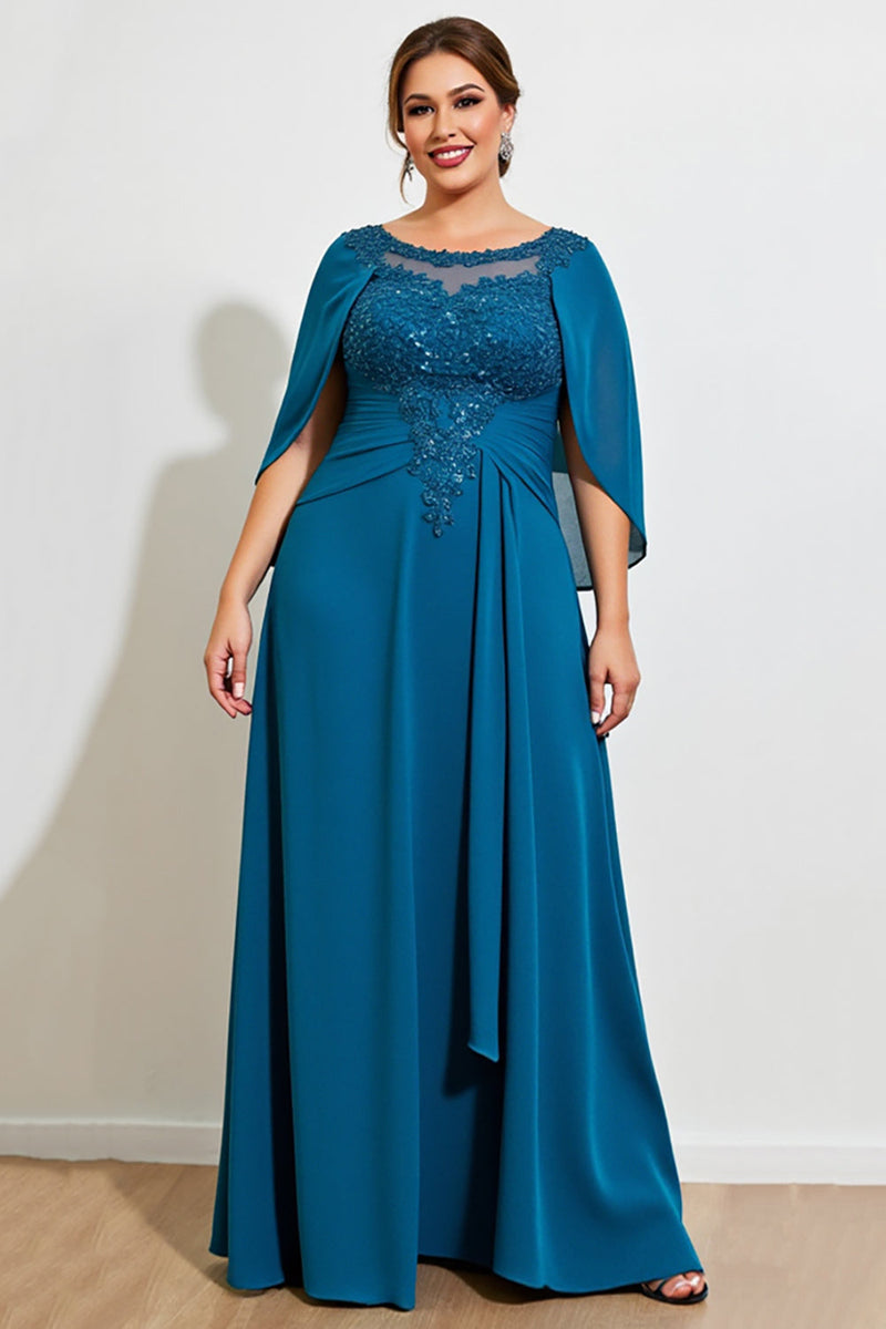 Load image into Gallery viewer, Peacock A Line Lace Chiffon Cape Plus Size Mother of the Bride Dress