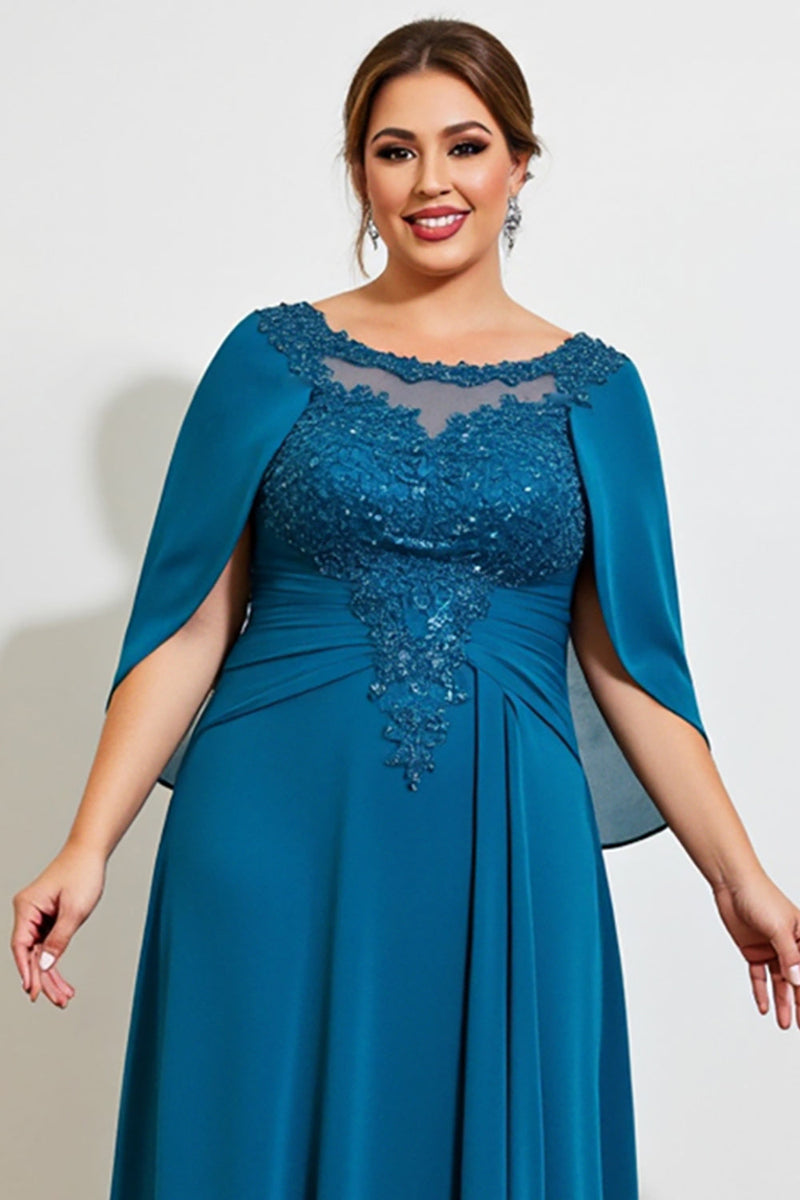 Load image into Gallery viewer, Peacock A Line Lace Chiffon Cape Plus Size Mother of the Bride Dress