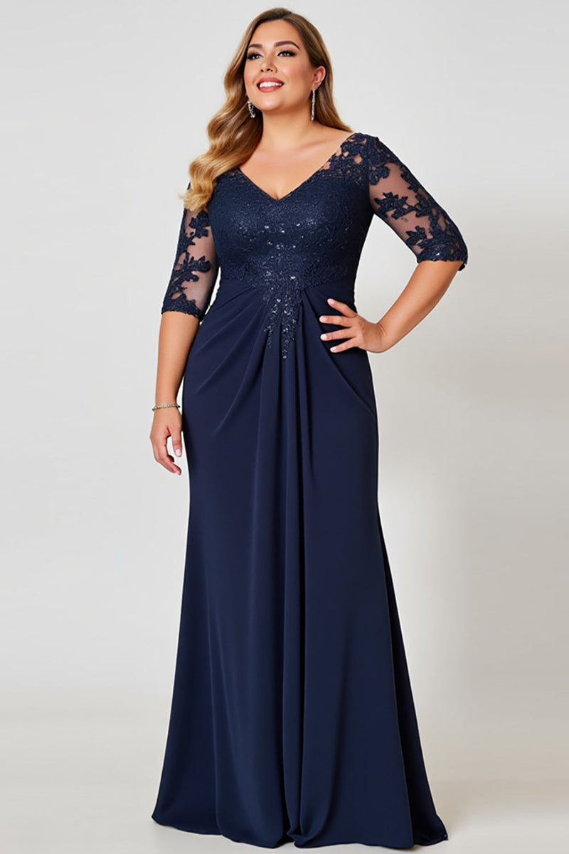 Load image into Gallery viewer, Navy Sheath V-Neck Chiffon Lace Plus Size Mother of the Bride Dress