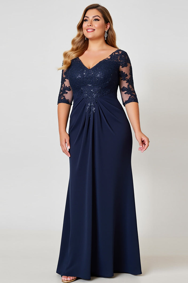 Load image into Gallery viewer, Navy Sheath V-Neck Chiffon Lace Plus Size Mother of the Bride Dress