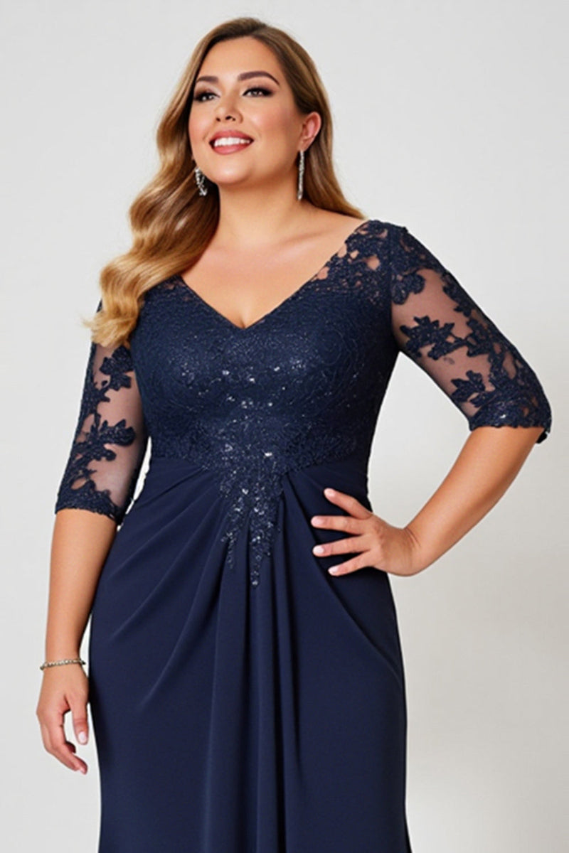 Load image into Gallery viewer, Navy Sheath V-Neck Chiffon Lace Plus Size Mother of the Bride Dress