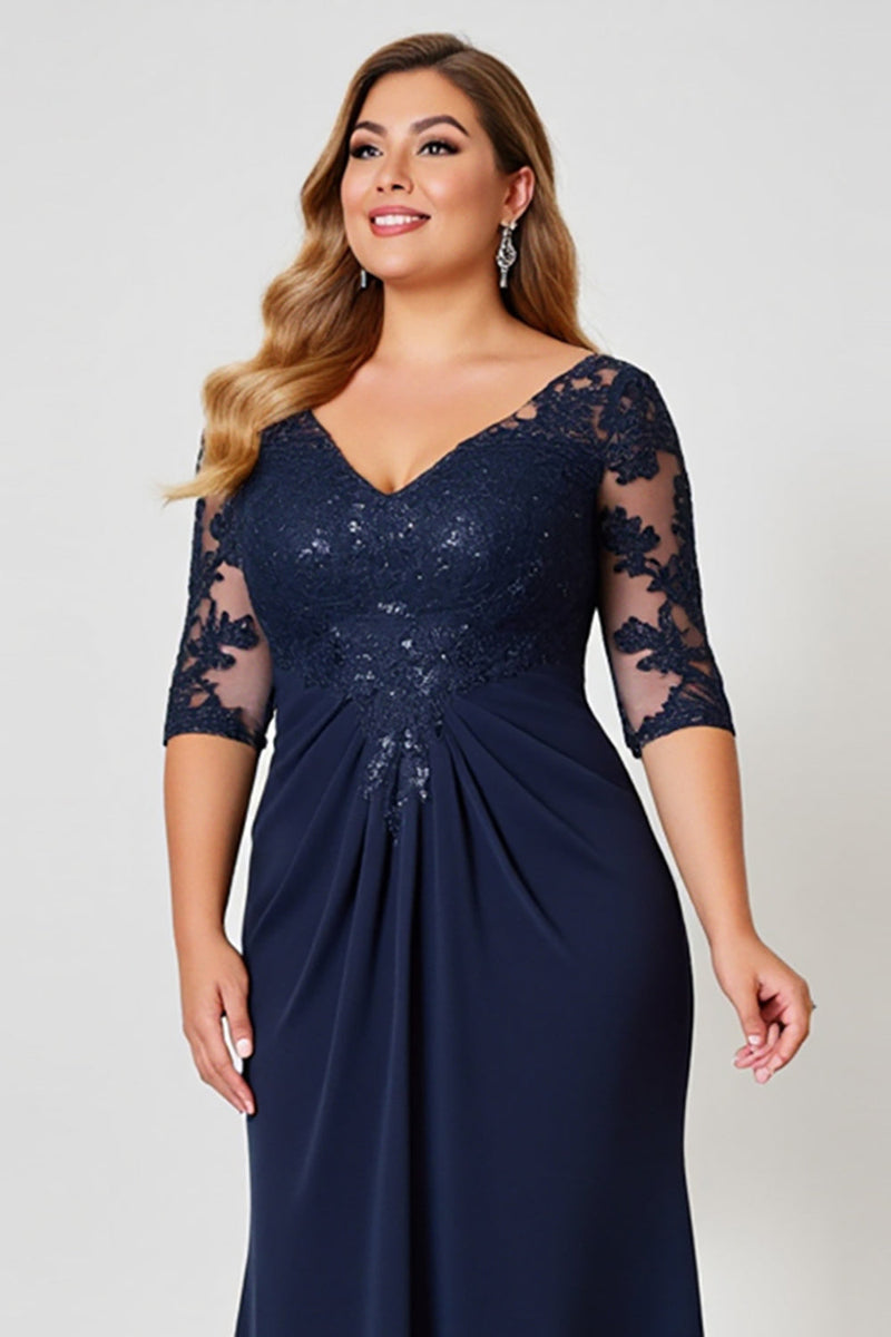 Load image into Gallery viewer, Navy Sheath V-Neck Chiffon Lace Plus Size Mother of the Bride Dress