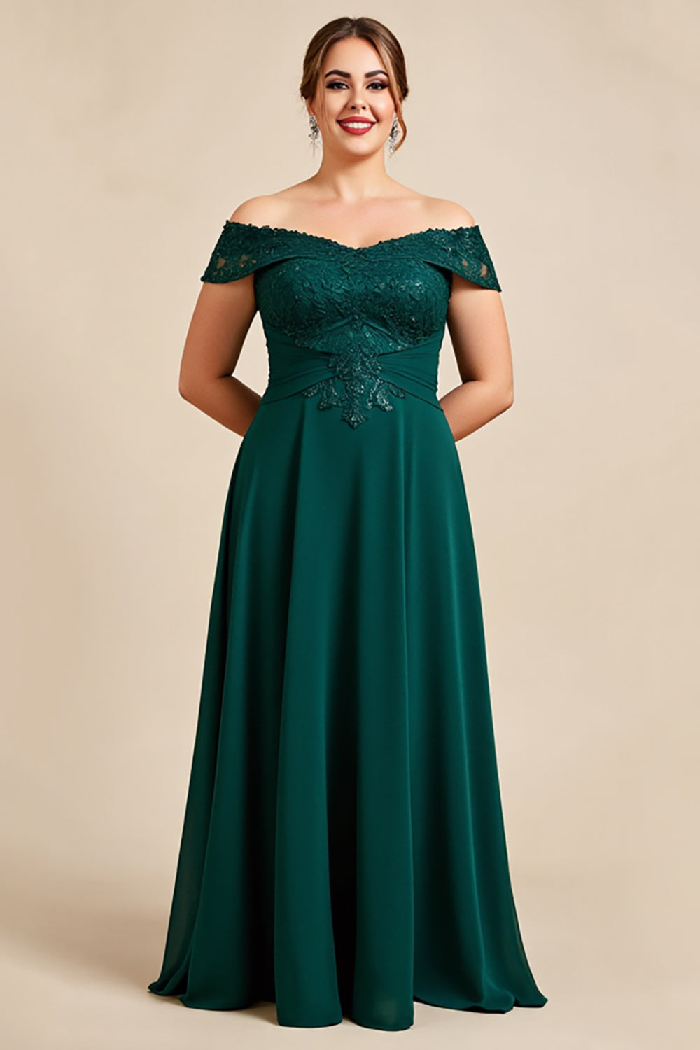 Off The Shoulder A Line Pine Chiffon Lace Plus Size Mother of the Bride Dress
