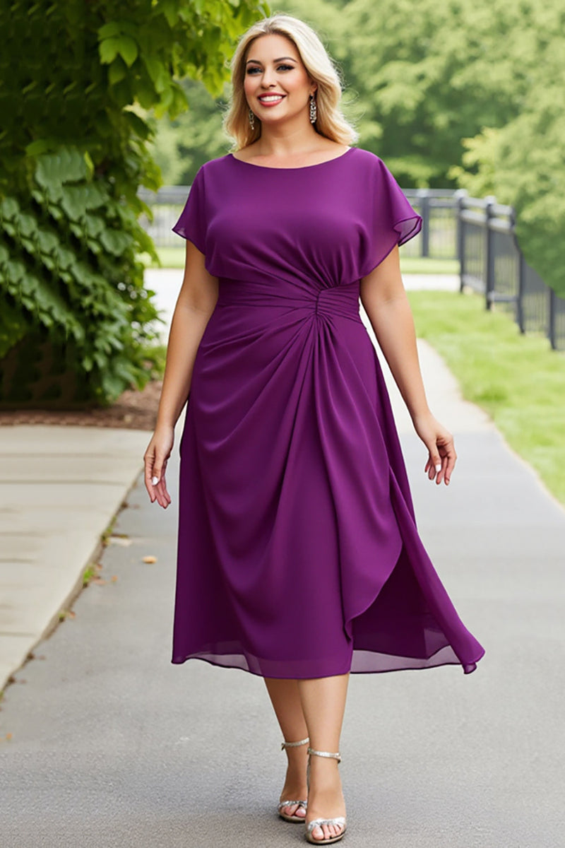 Load image into Gallery viewer, Purple A Line Chiffon Midi Plus Size Mother of the Bride Dress