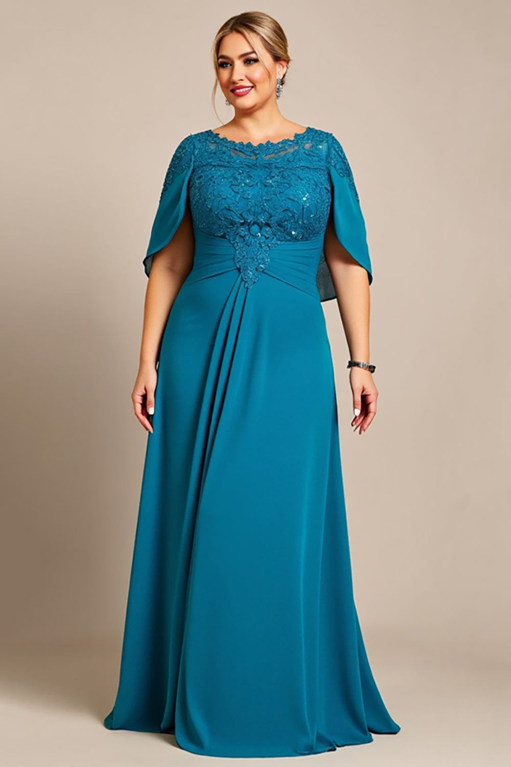 Peacock A Line Chiffon Lace Cape Plus Size Mother of the Bride Dress