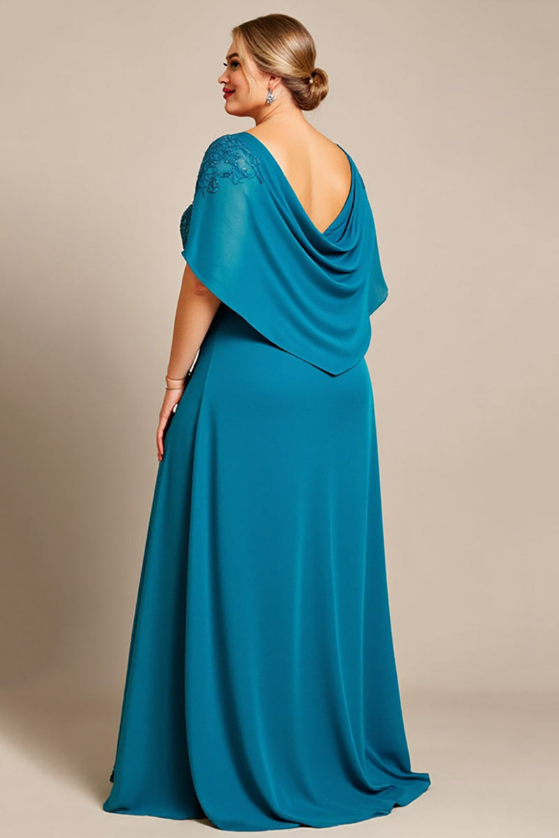 Load image into Gallery viewer, Peacock A Line Chiffon Lace Cape Plus Size Mother of the Bride Dress