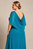 Peacock A Line Chiffon Lace Cape Plus Size Mother of the Bride Dress