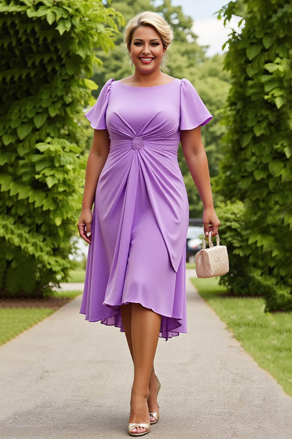 Lilac Chiffon Ruched Midi Plus Size Mother of the Bride Dress