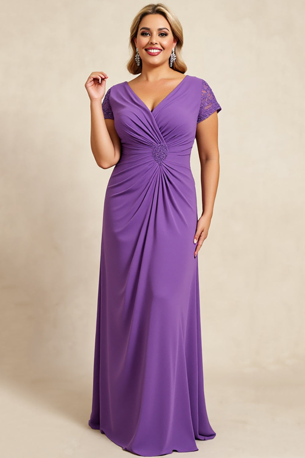 Purple Sheath V-Neck Chiffon Plus Size Mother of the Bride Dress