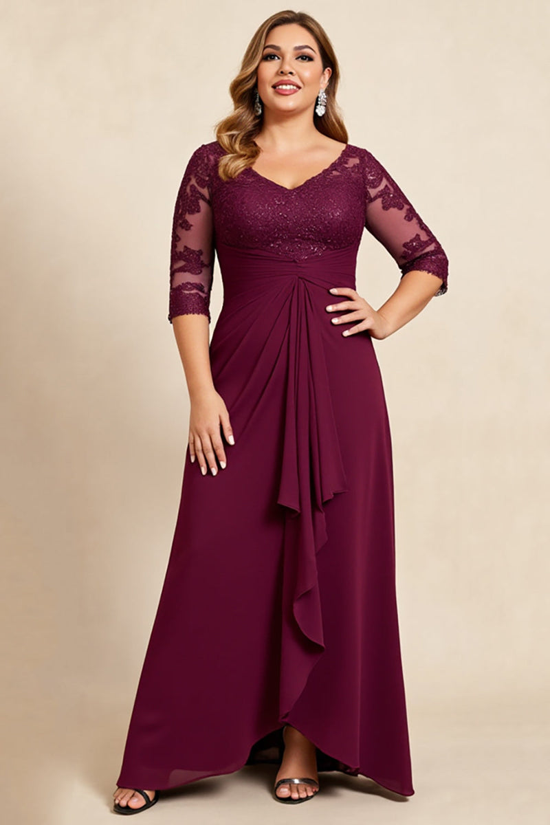Load image into Gallery viewer, Burgundy V-Neck Chiffon Lace Ruffles Plus Size Mother of the Bride Dress