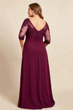 Burgundy V-Neck Chiffon Lace Ruffles Plus Size Mother of the Bride Dress