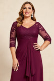 Burgundy V-Neck Chiffon Lace Ruffles Plus Size Mother of the Bride Dress