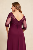 Burgundy V-Neck Chiffon Lace Ruffles Plus Size Mother of the Bride Dress