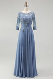 Dusty Blue Lace A Line Chiffon Mother of the Bride Dress