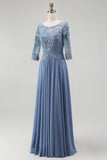 Dusty Blue Lace A Line Chiffon Mother of the Bride Dress