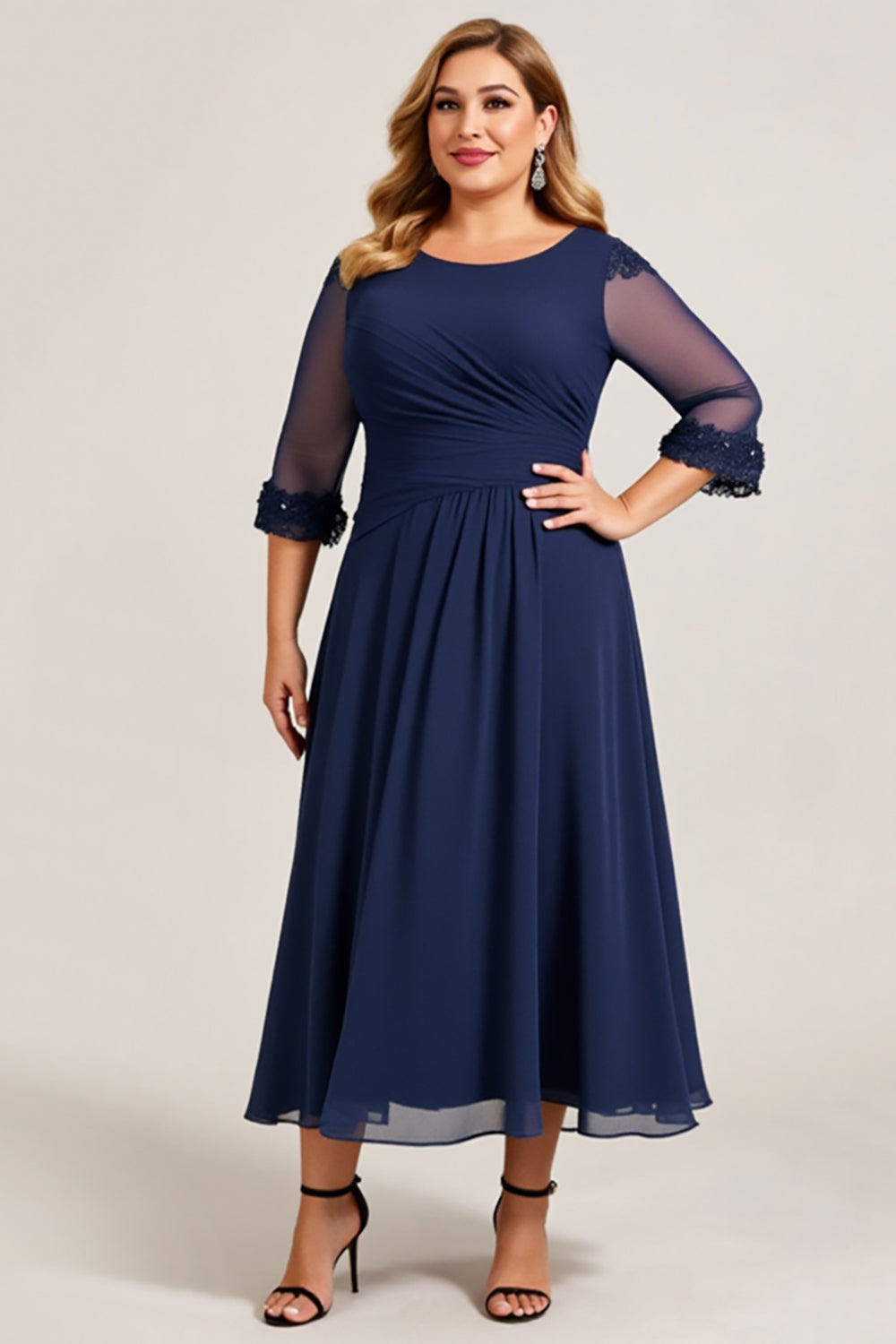 Navy A Line Chiffon Ruched Plus Size Mother of the Bride Dress
