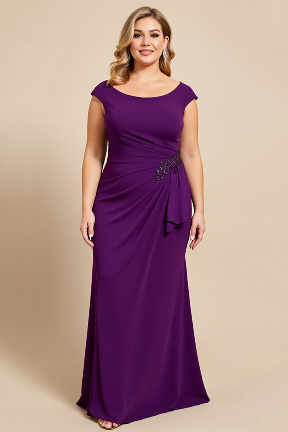 Purple Boat Neck Mermaid Chiffon Plus Size Mother of the Bride Dress