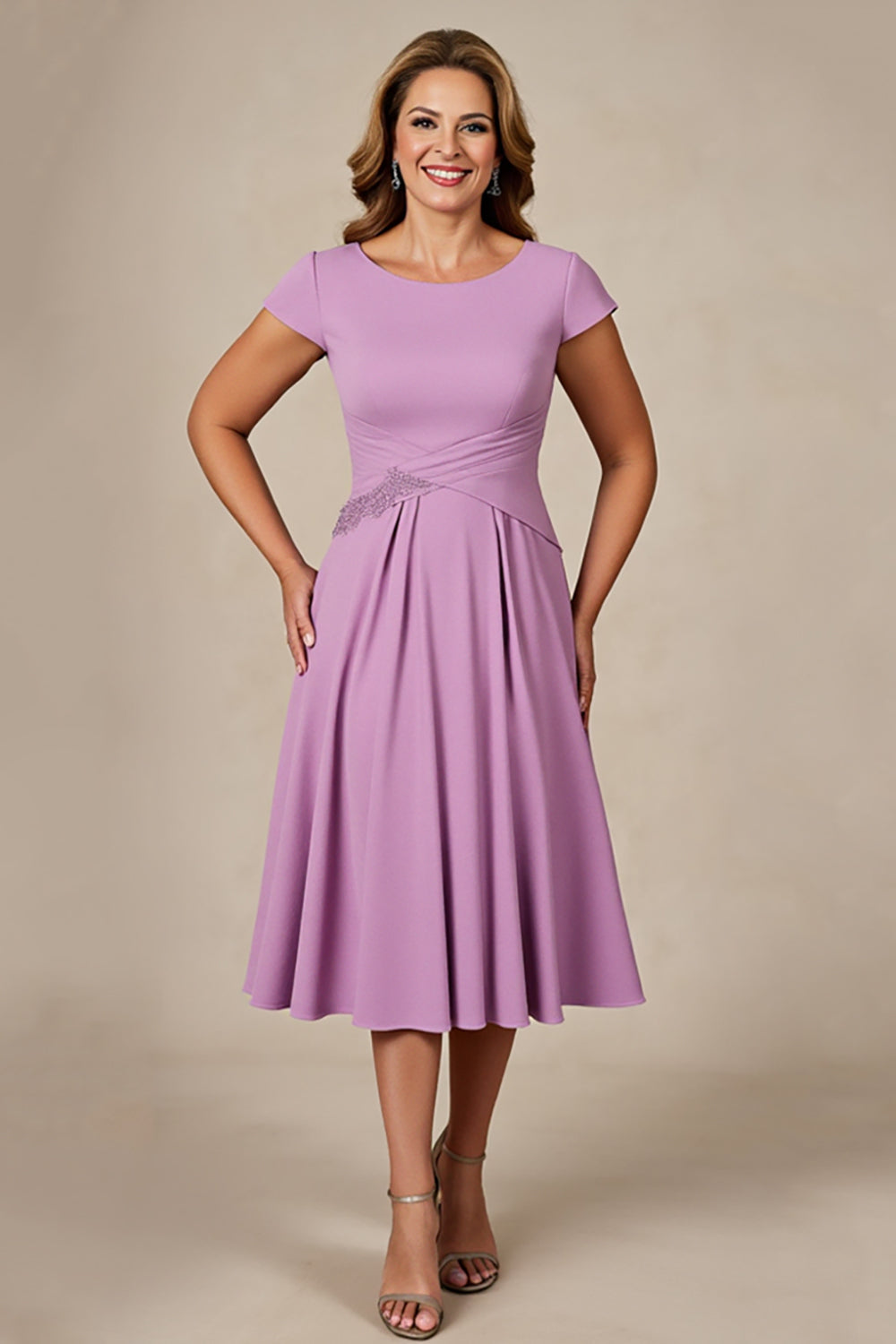 Lilac A Line Ruched Midi Plus Size Mother of the Bride Dress