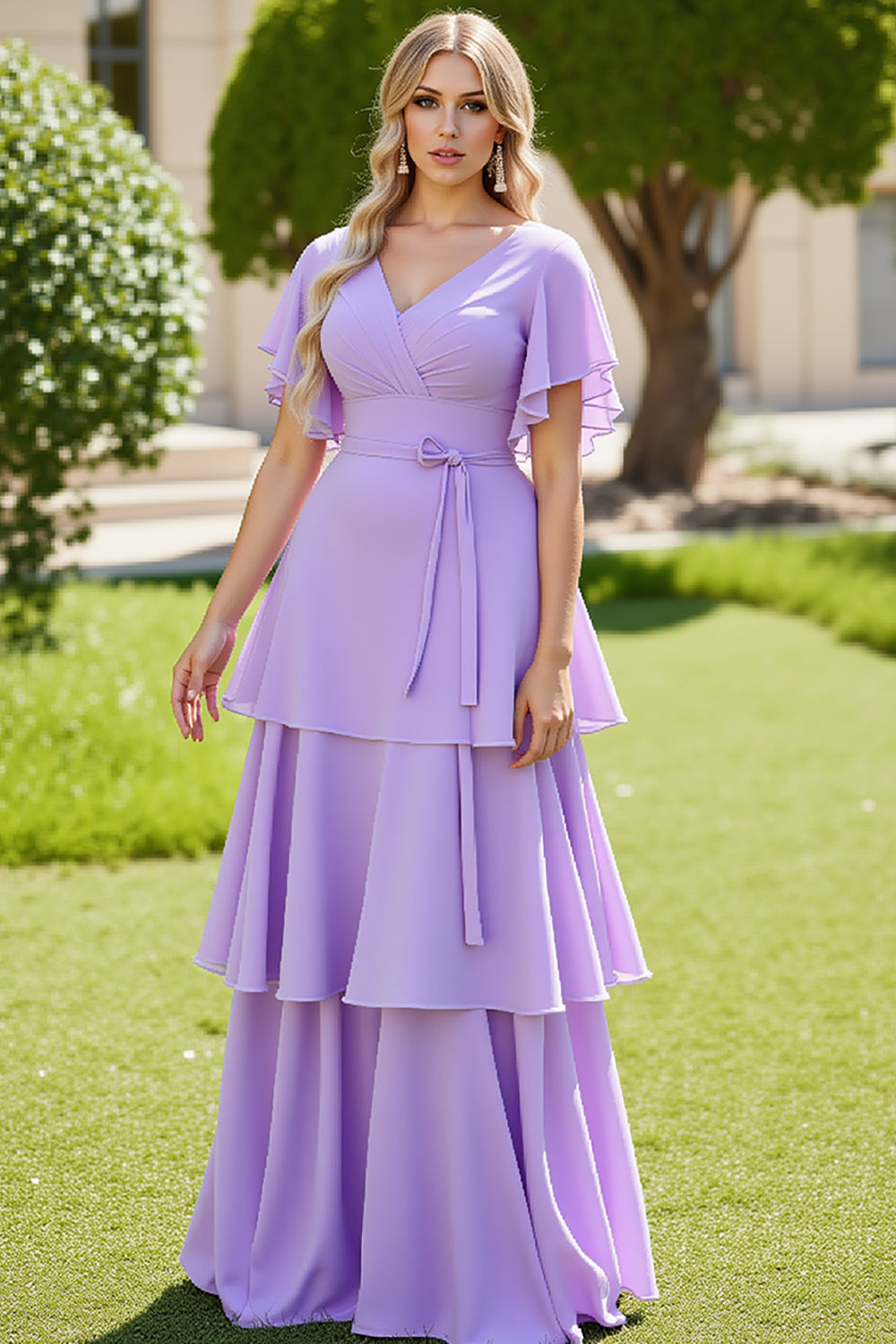 Lilac A Line Tiered Chiffon Bridesmaid Dress with Short Sleeves