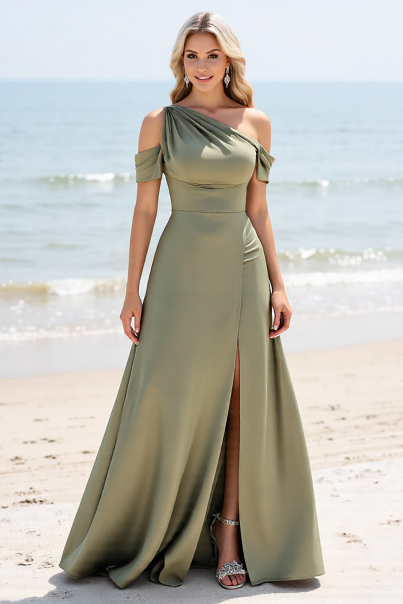 Load image into Gallery viewer, Olive A Line Cold Shoulder Bridesmaid Dress with Slit