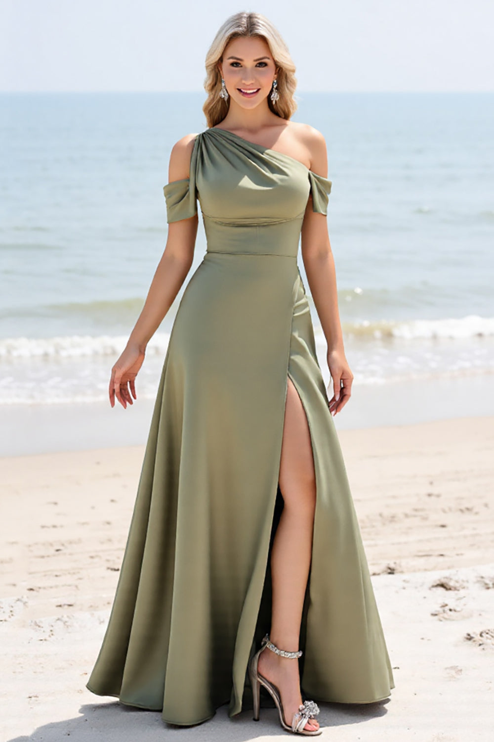 Olive A Line Cold Shoulder Bridesmaid Dress with Slit
