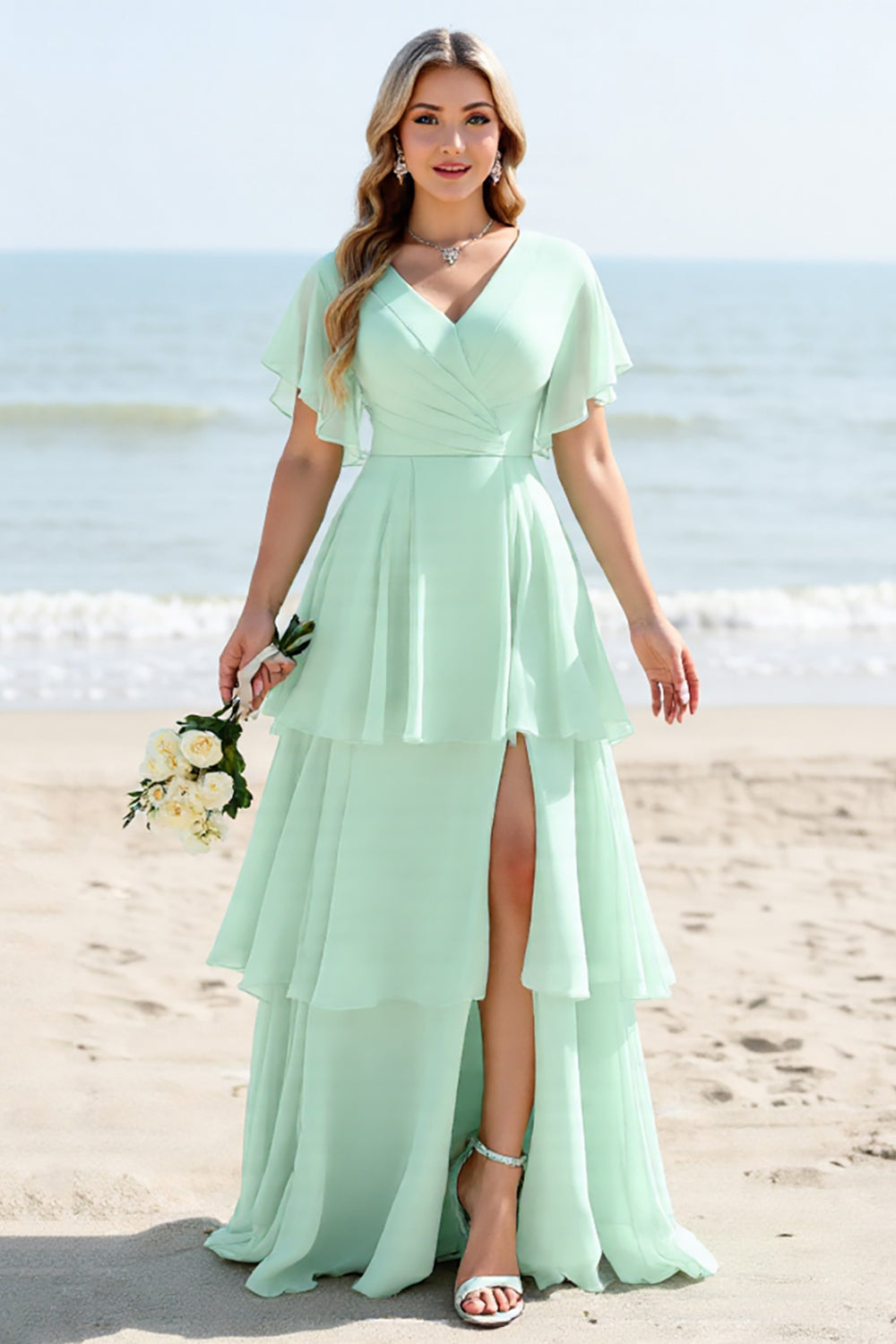 Mint A Line Slit Tiered Bridesmaid Dress with Short Sleeves