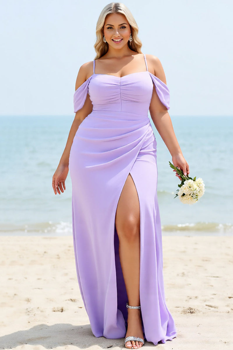 Load image into Gallery viewer, Lilac Mermaid Cold Shoulder Ruched Plus Size Bridesmaid Dress