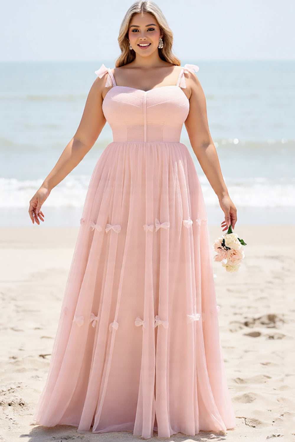A Line Blush Pink Spaghetti Straps Pleated Plus Size Bridesmaid Dress
