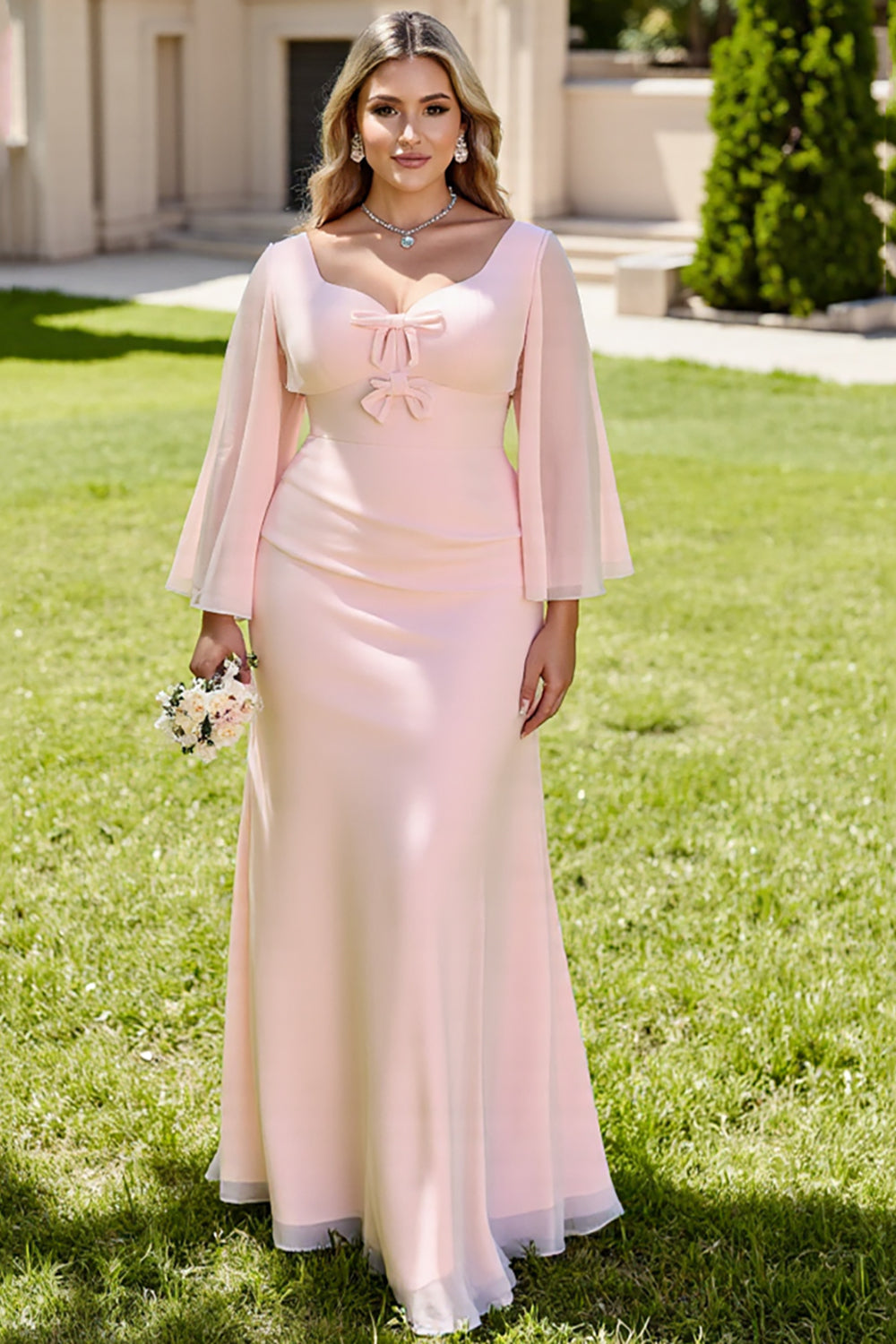 Candy Pink Mermaid Bridesmaid Dress with Long Sleeves