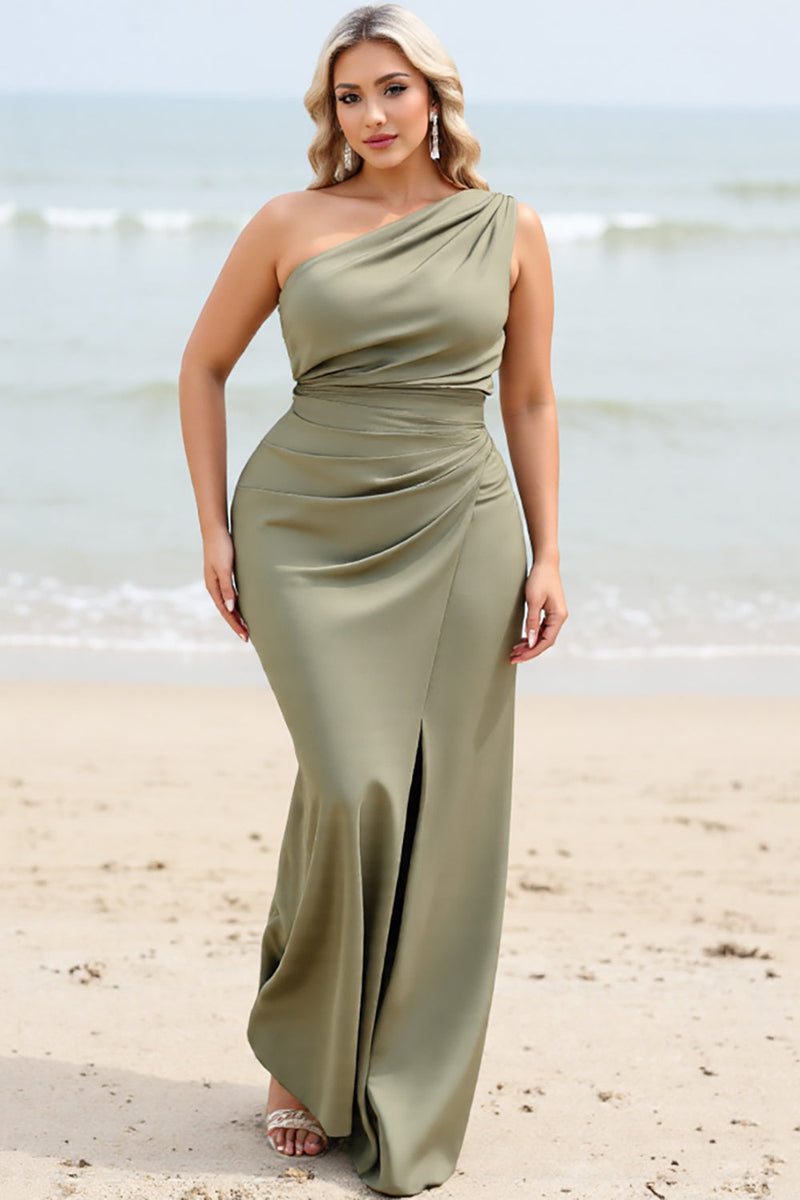 Load image into Gallery viewer, Olive Mermaid One Shoulder Bridesmaid Dress with Slit