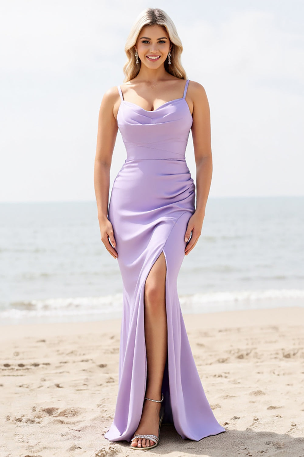 Mermaid Spaghetti Straps Lilac Long Bridesmaid Dress with Slit