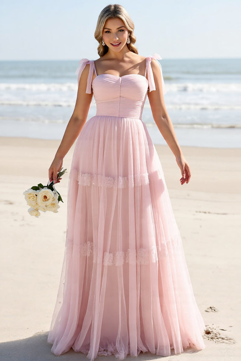 Load image into Gallery viewer, A Line Spaghetti Straps Candy Pink Pleated Bridesmaid Dress