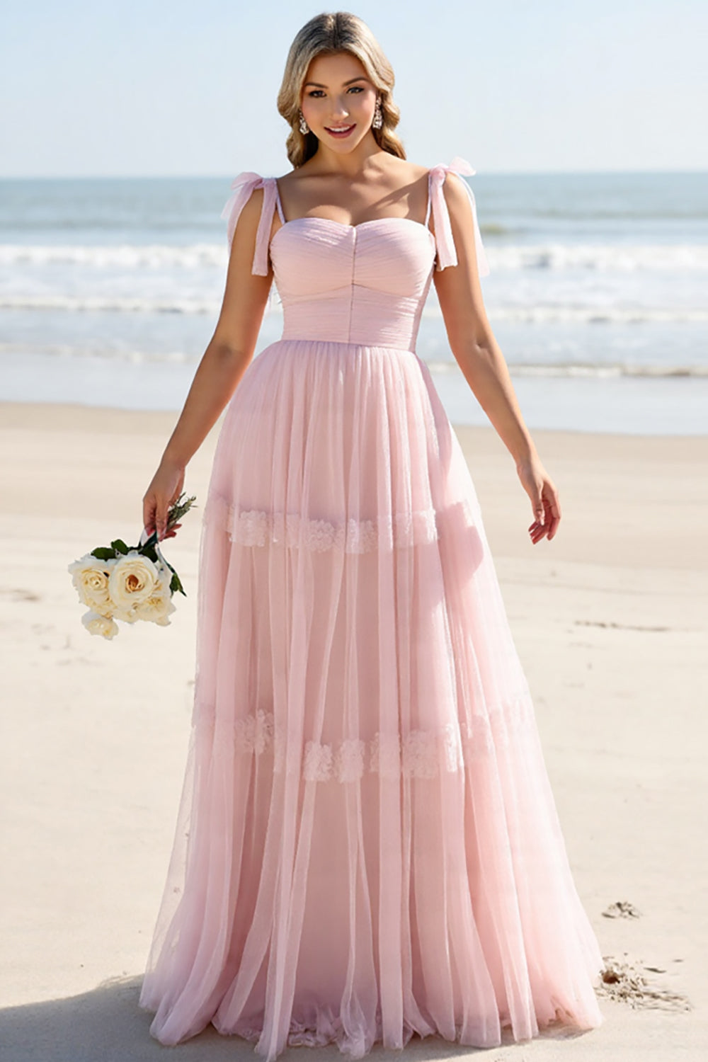 A Line Spaghetti Straps Candy Pink Pleated Bridesmaid Dress