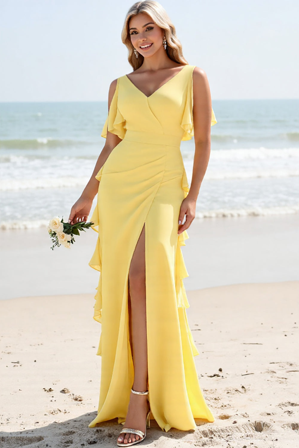 Sheath Daffodil Spaghetti Straps Chiffon Bridesmaid Dress with Slit