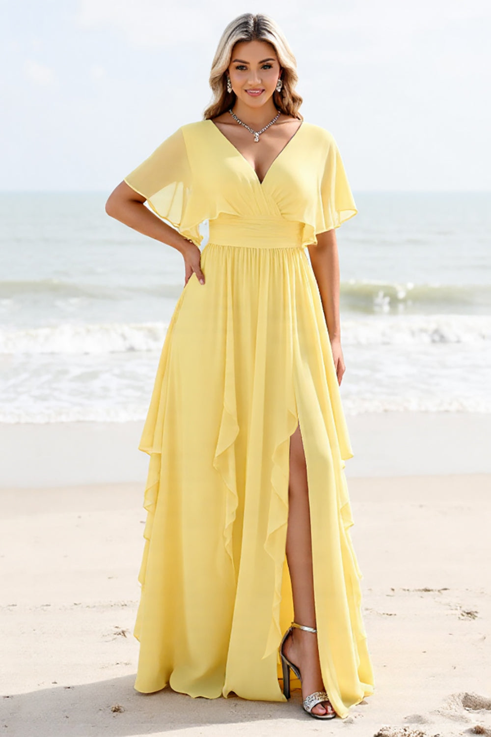 Daffodil A Line Short Sleeves Pleated Long Bridesmaid Dress