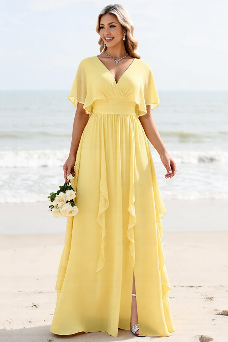 Load image into Gallery viewer, Daffodil A Line Short Sleeves Pleated Long Bridesmaid Dress