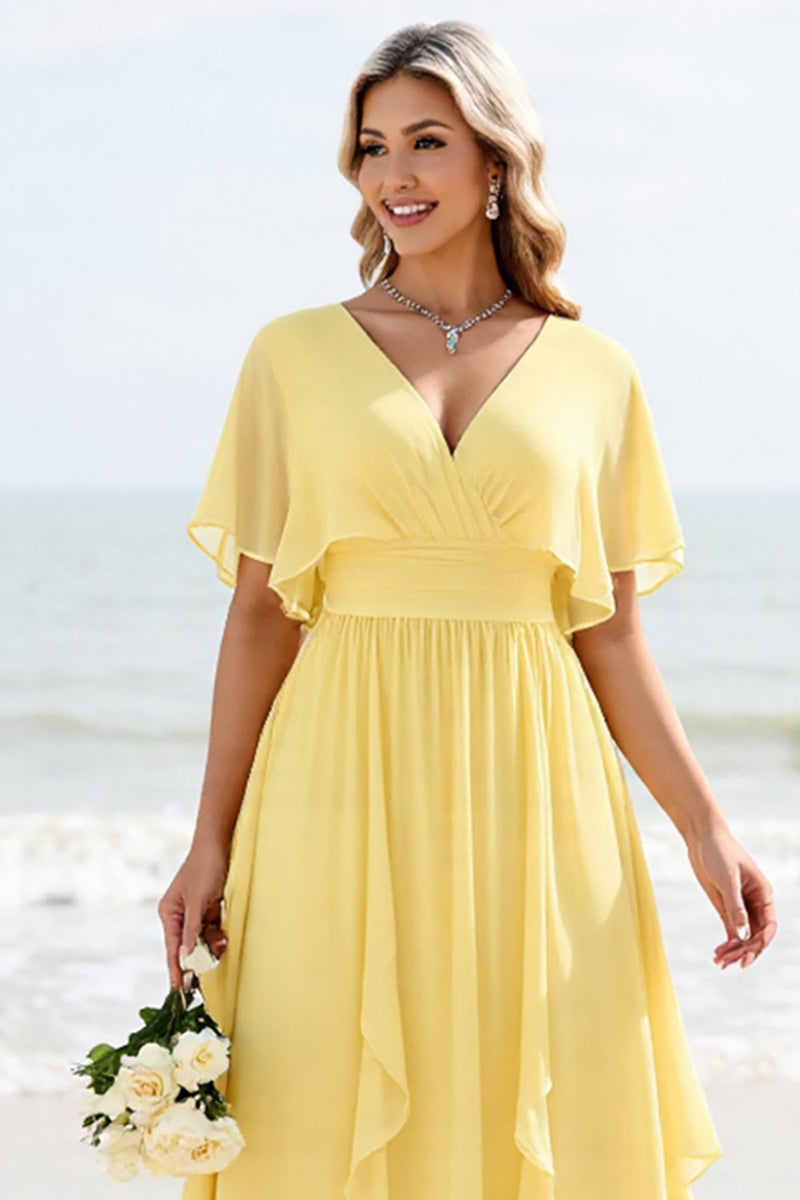 Load image into Gallery viewer, Daffodil A Line Short Sleeves Pleated Long Bridesmaid Dress