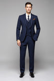 Navy Striped Notched Lapel 3 Piece Men's Suits