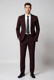 Notched Lapel Slim Fit 2 Piece Burgundy Men's Suits