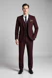 Notched Lapel 3 Piece One Button Burgundy Men's Suit