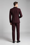 Notched Lapel 3 Piece One Button Burgundy Men's Suit