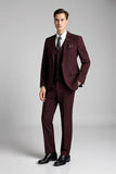 Notched Lapel 3 Piece One Button Burgundy Men's Suit