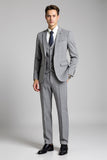 Notched Lapel Slim Fit Checked 3 Piece Grey Men's Suit